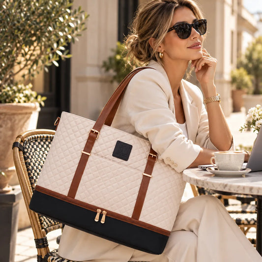 Designer-Handtasche für Alltag und Cafe – Cannes Tote Bag getragen als Schultertasche.