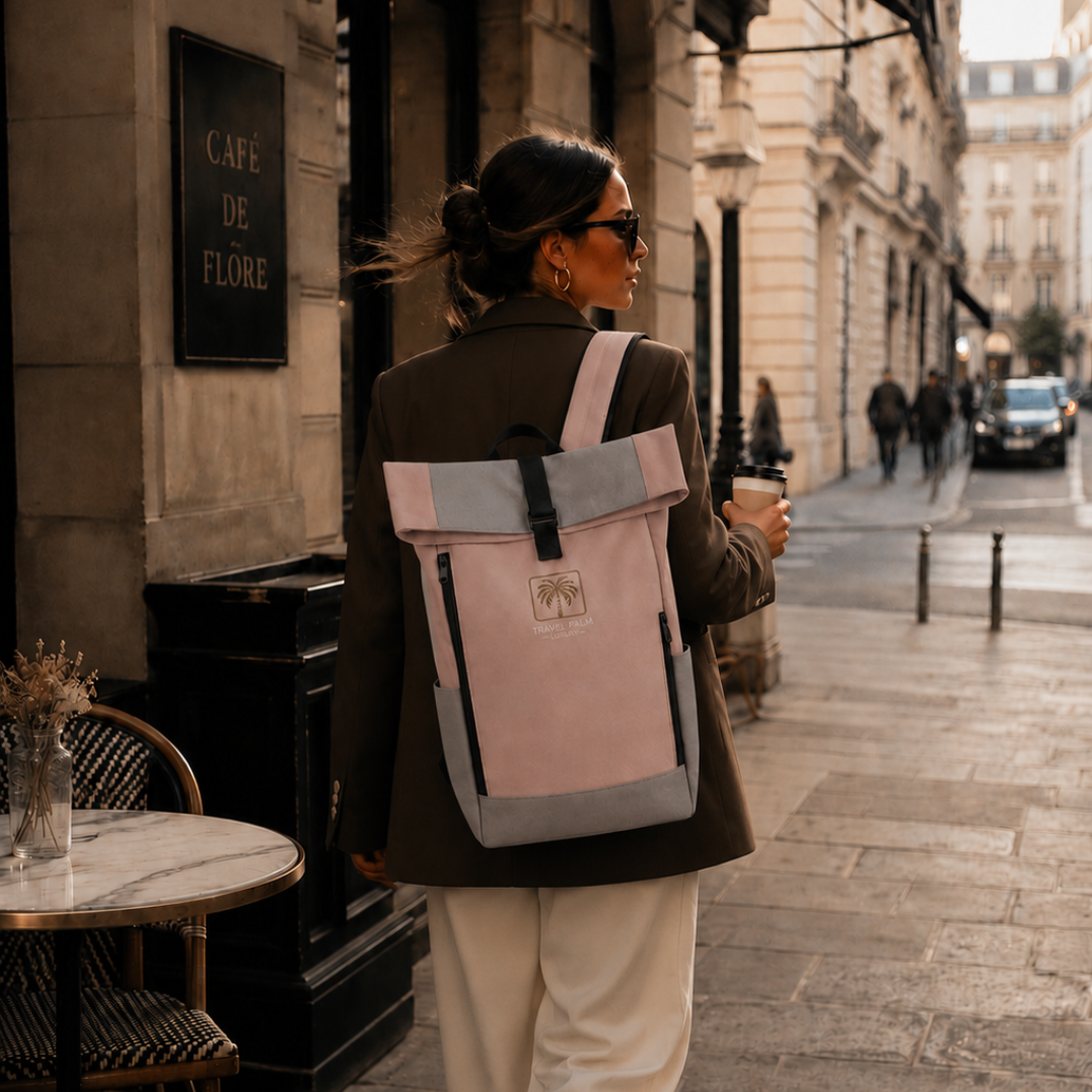 Moderne Frau mit espressofarbenen Blazer sowie Rolltop-Tasche und Coffee-to-go Soft Rose