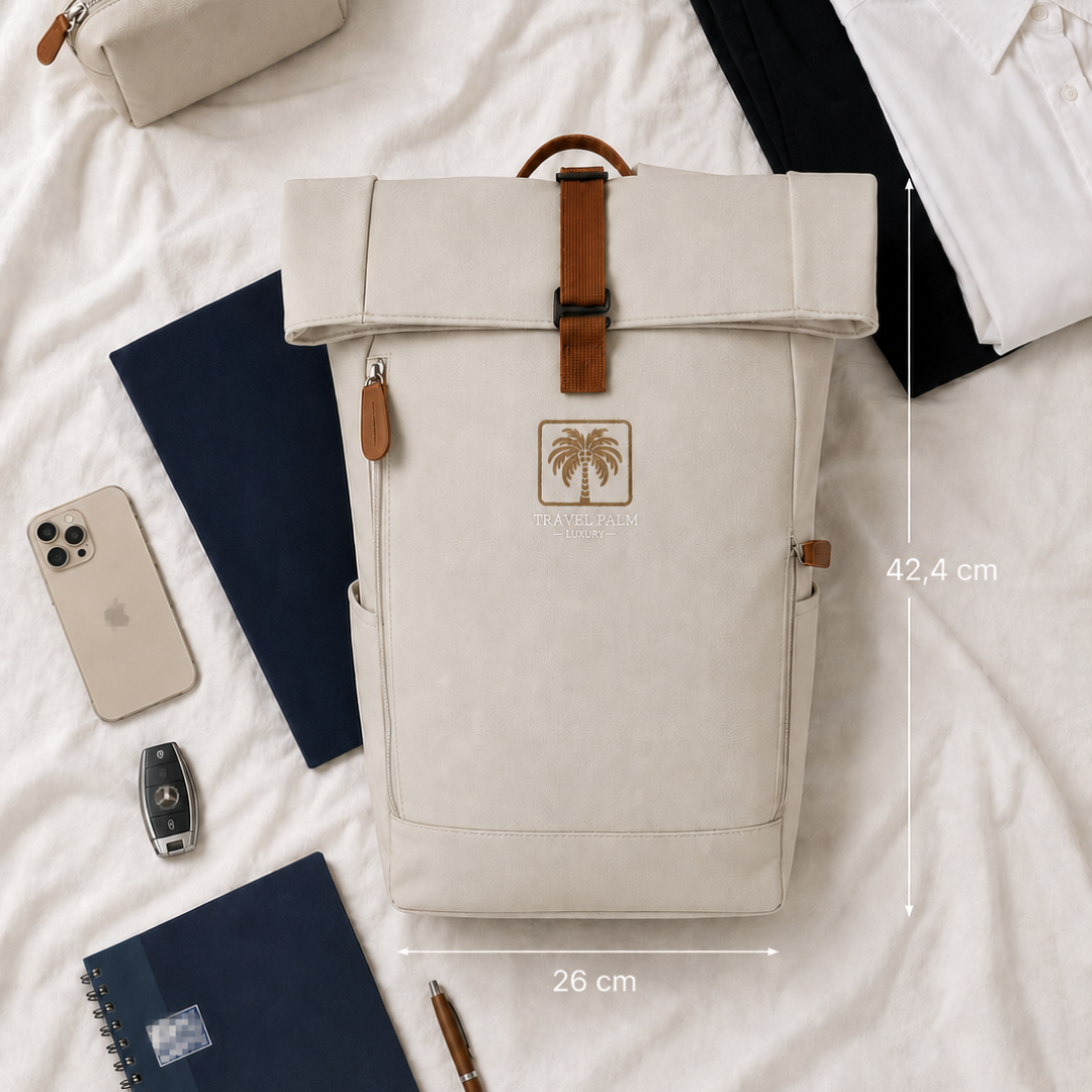Rolltop Rucksack mit Abmessungen und Größenvergleich 