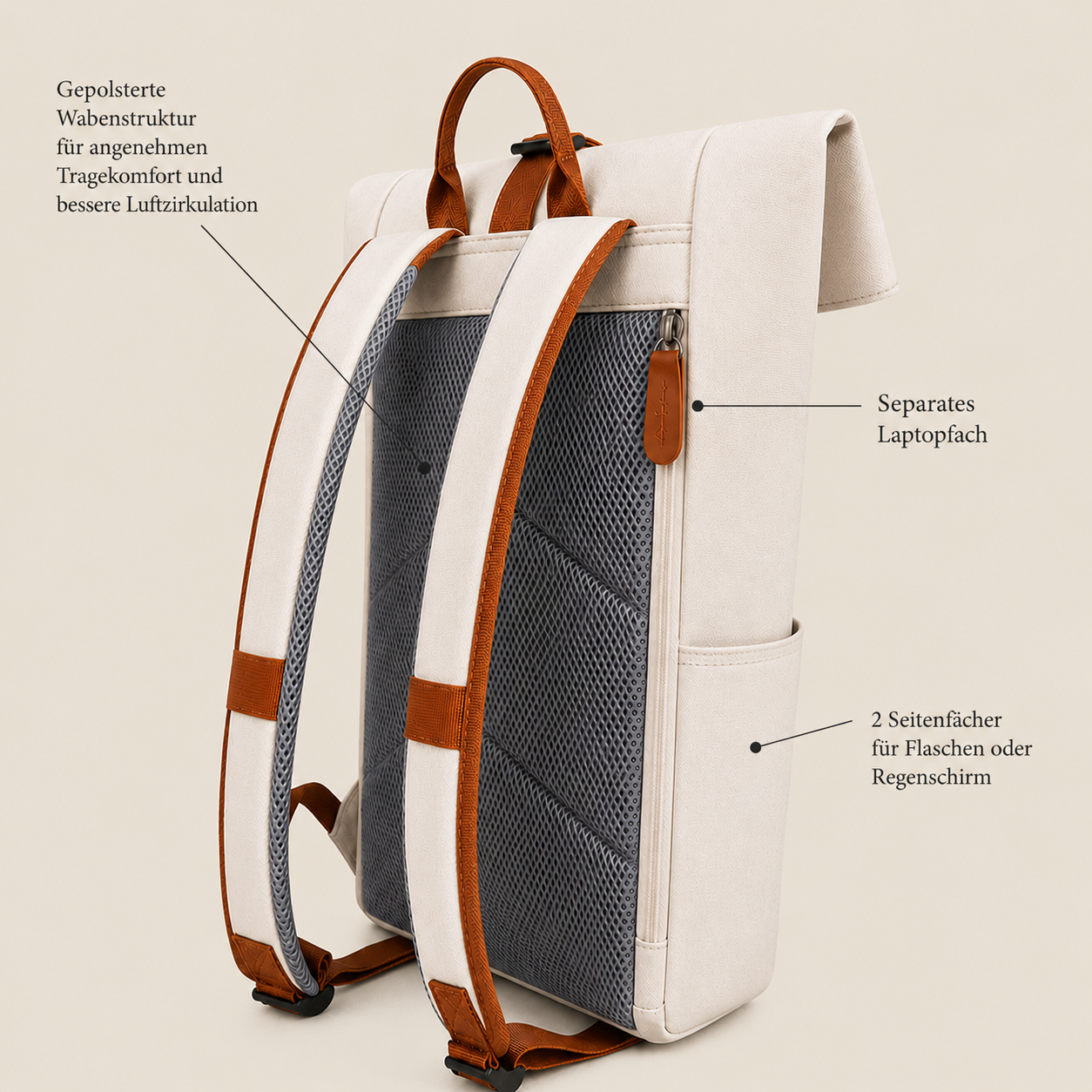 Rucksack Le Monaco Sand Beige Seitenansicht mit Fächer Erklärung