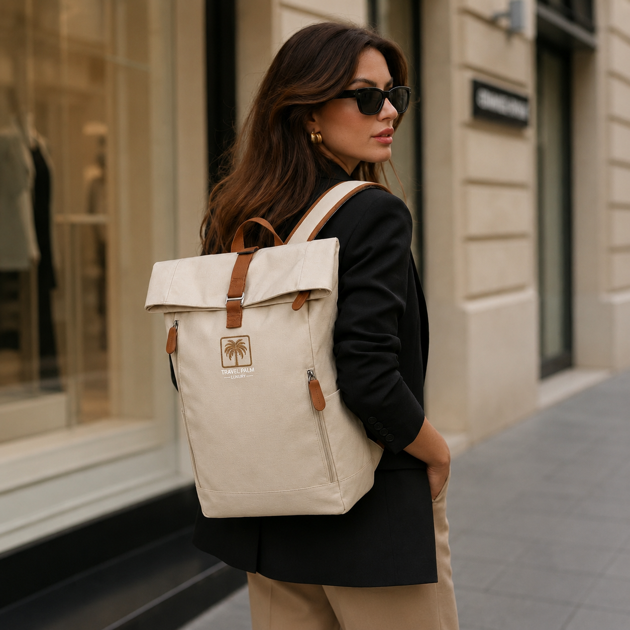 Elegante Frau mit elegantem Damen Rucksack in Sand Beige