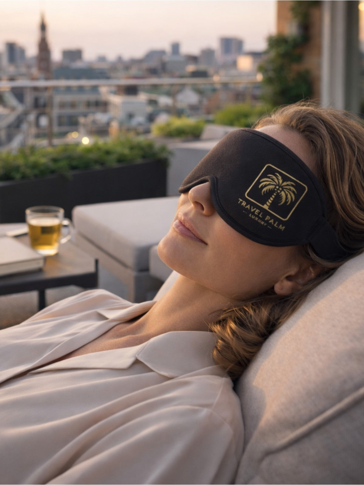 Frau relaxed mit eleganter schwarzer Schlafmaske auf Terrassenlounge über den Dächern der Stadt