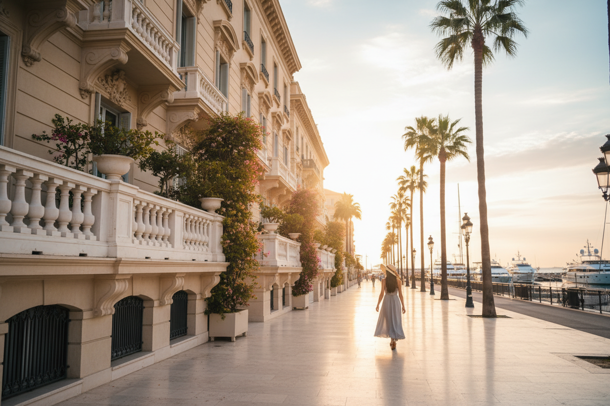 Elegant European coastal city promenade at golden hour, warm sunlight reflecting on beige architecture, luxury aesthetic, subtle feminine presence (woman in silhouette with hat), palm trees, marble balconies, soft cinematic lighting, pastel tones, sophisticated atmosphere, 16:9 ratio, editorial luxury travel mood.